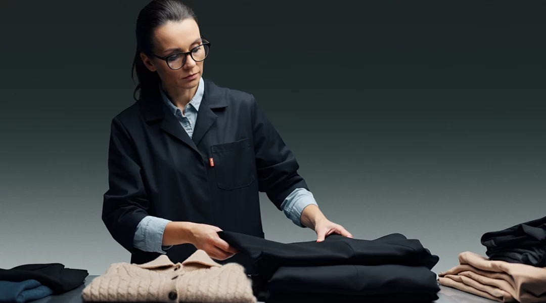 Woman in lab coat folding sustainable fashion garments, EPR legislation