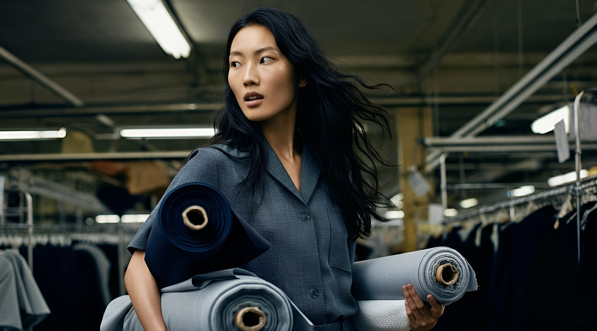 Woman in a factory holds rolls of fabric, representing quality risk management in fashion sustainability.