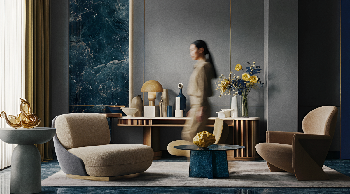 Modern living room with plush armchairs and marble accents