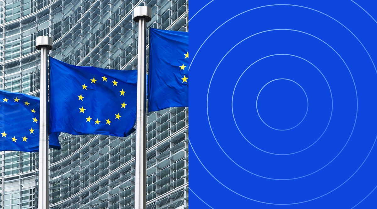 EU flags in front of modern building, symbolizing governance beyond regulations.
