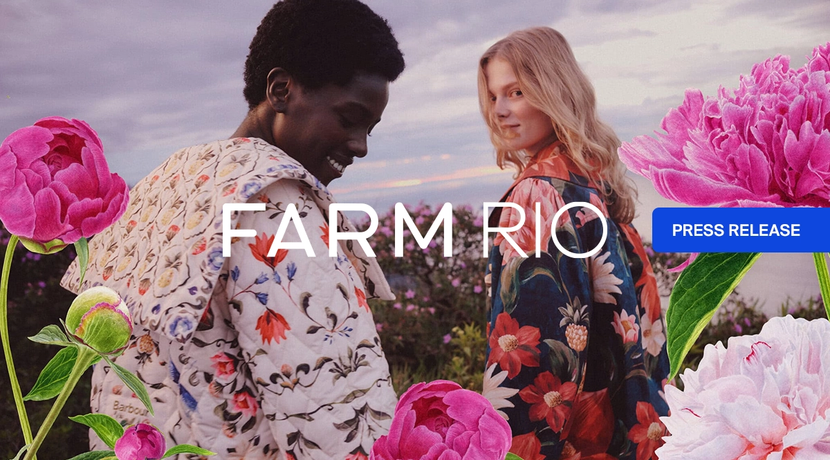 FARM Rio press release banner with two models wearing colorful floral outfits, surrounded by pink peony illustrations against a cloudy outdoor background.