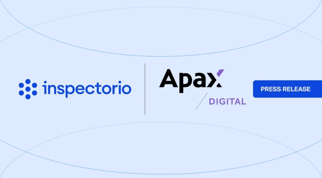 Inspectorio and Apax Digital press release banner with both logos side by side on a light blue abstract background.