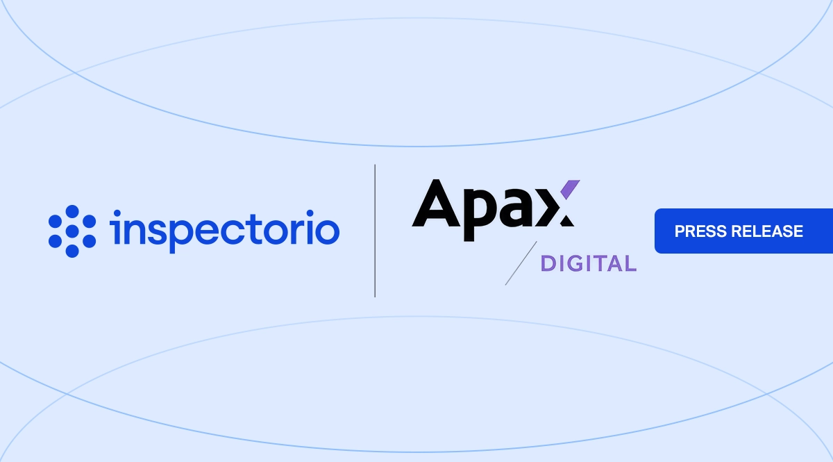 Inspectorio and Apax Digital press release banner with both logos side by side on a light blue abstract background.