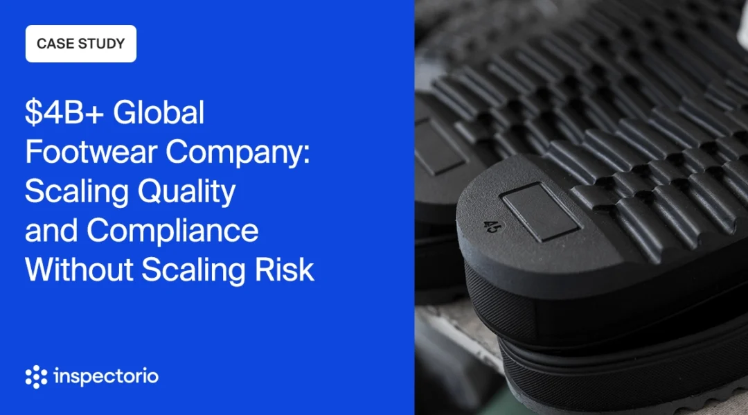 Inspectorio case study banner for a $4B+ global footwear company, with a close-up of a rubber shoe sole.